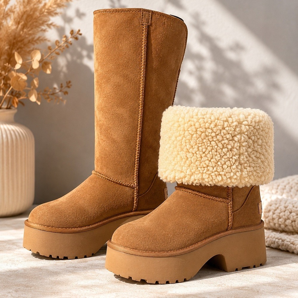 NEW UGG New Heights Tall pr Fold Over Platform Boots Women 8 Suede Leather $260